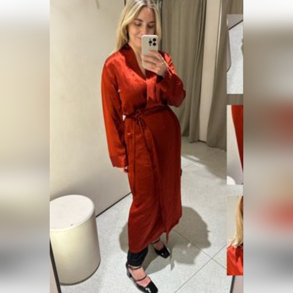 ๐๐ NWT Zara Satin Kimono Midi Wrap Dress Dark Orange ZW Collection Size M - Picture 2 of 16